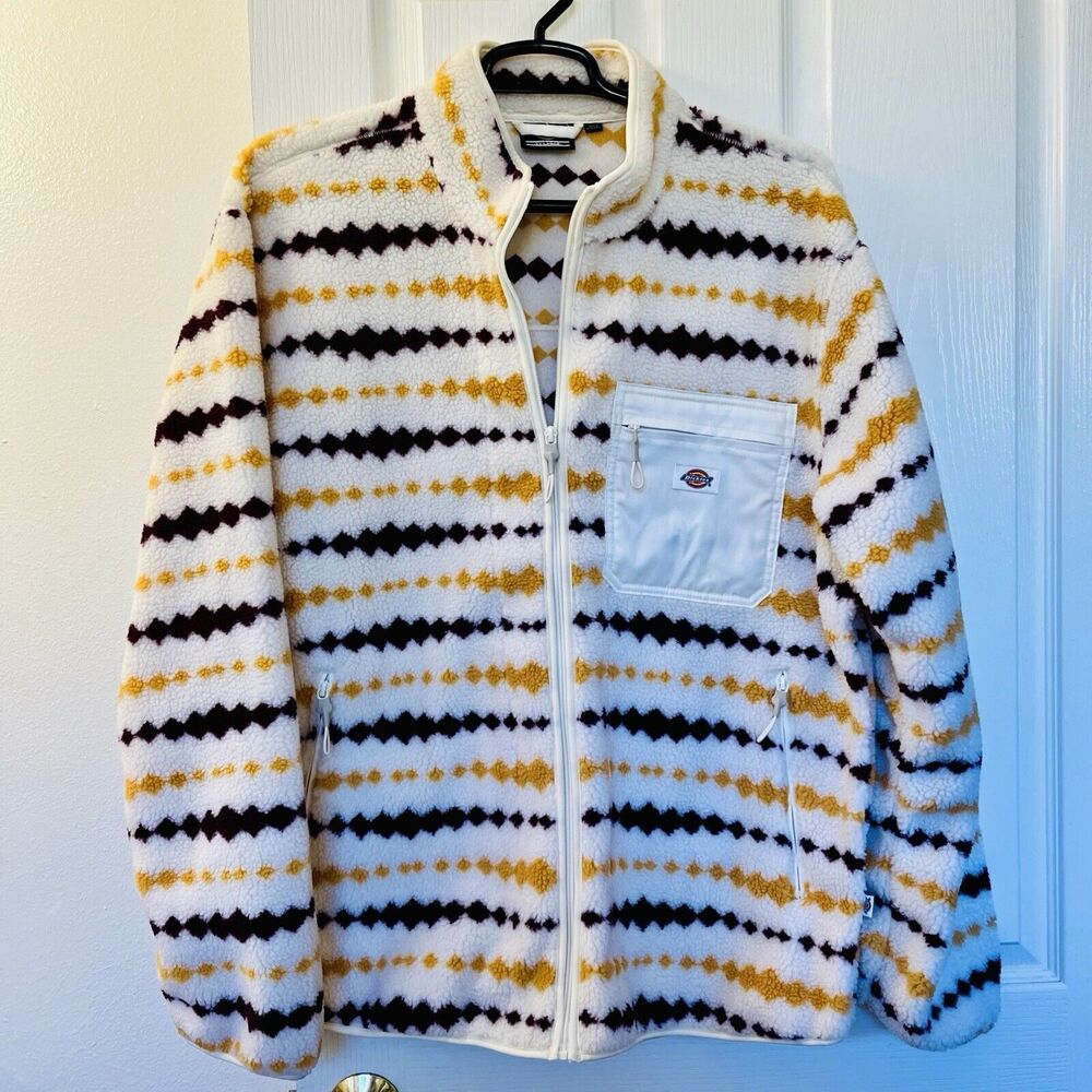 Dickies Falkville Fleece Jacket Men's XXL Sherpa Winter Red Cream Yellow Striped
